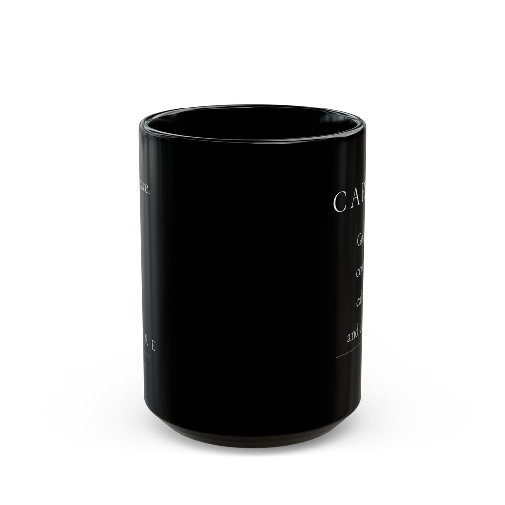 Carried Grace Collection black ceramic mug side view showing partial front design