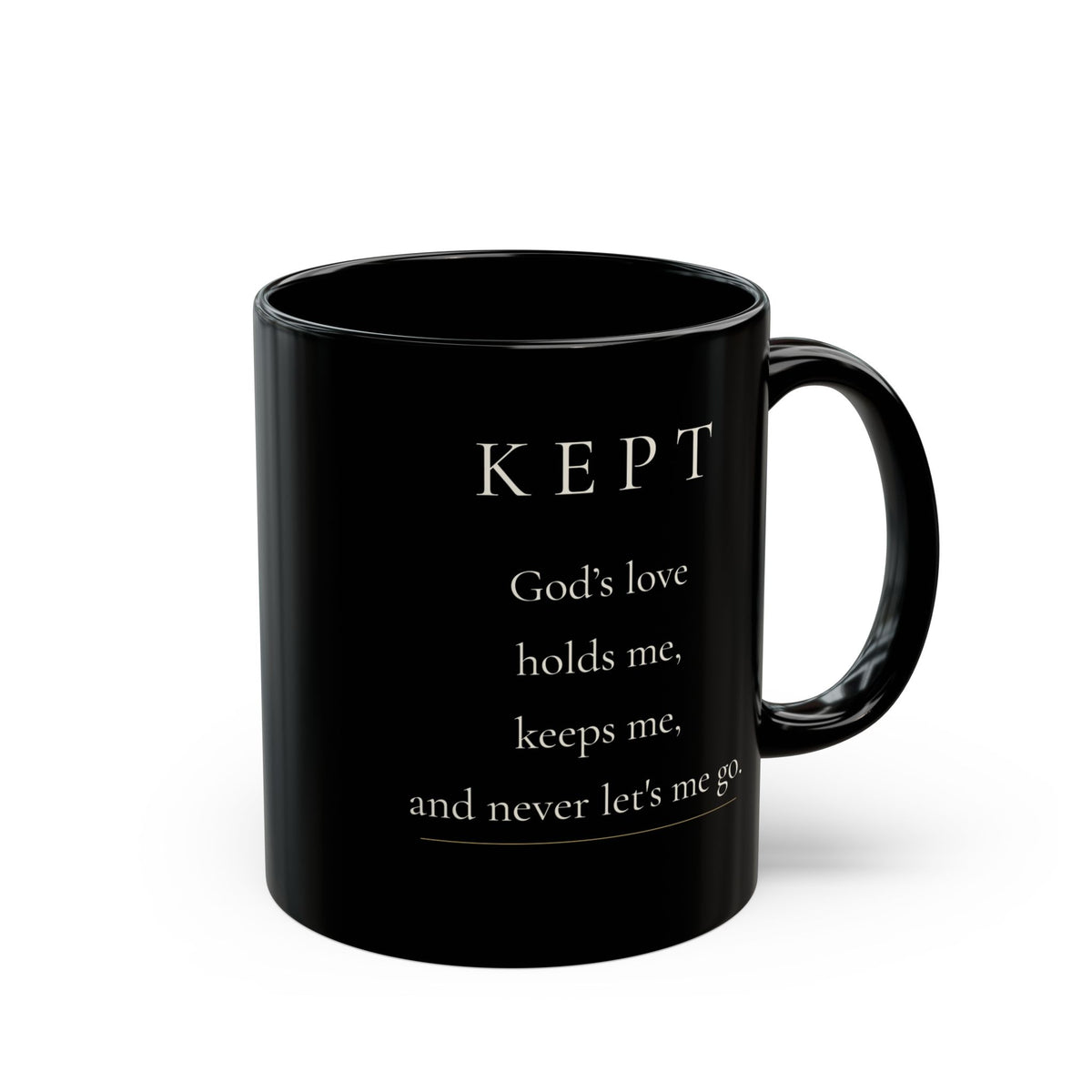 Kept Grace Collection black ceramic mug with front affirmation and handle on right