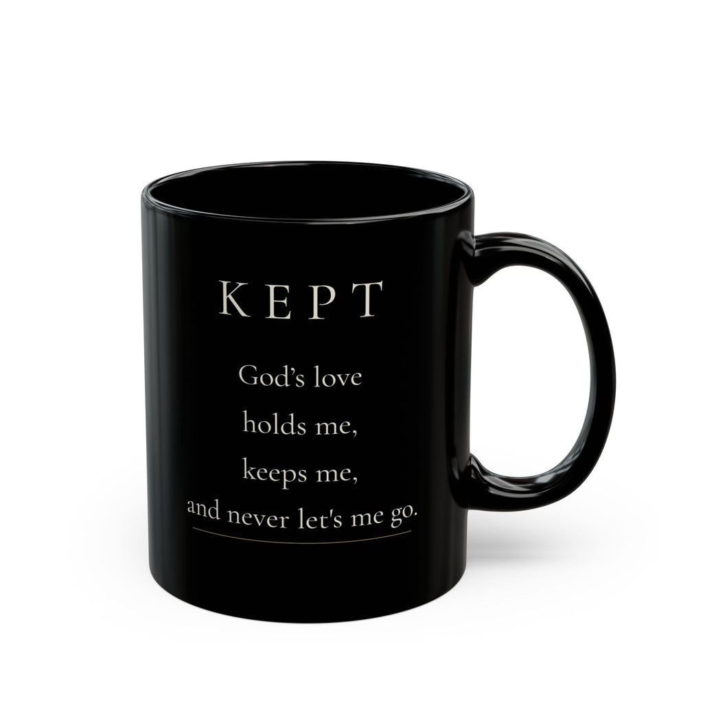 Kept Grace Collection black ceramic mug with front affirmation and handle on right
