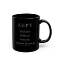 Kept Grace Collection black ceramic mug with front affirmation and handle on right