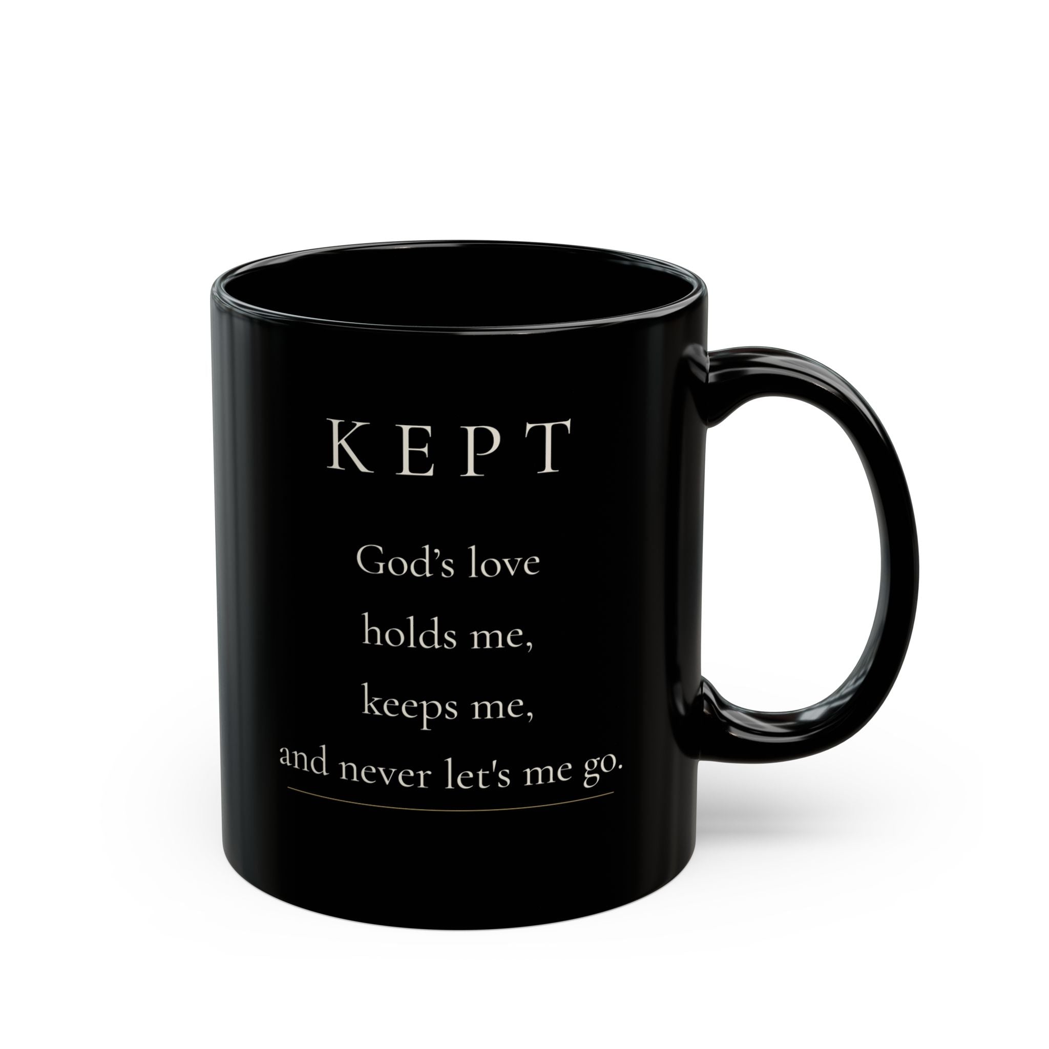 Kept Grace Collection black ceramic mug with front affirmation and handle on right