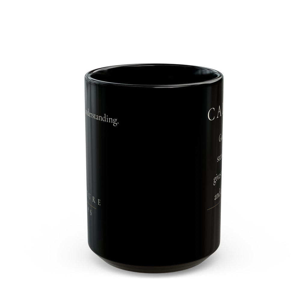 Calmed Grace Collection black ceramic mug side view showing partial front design
