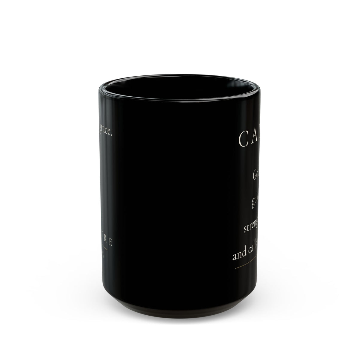 Called Grace Collection black ceramic mug side view showing partial front design