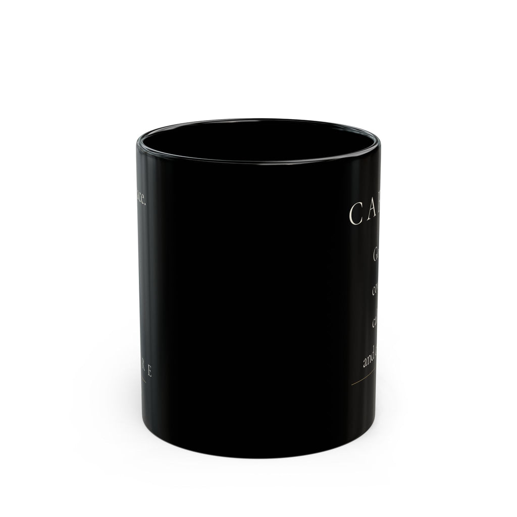 Carried Grace Collection black ceramic mug side view showing partial affirmation