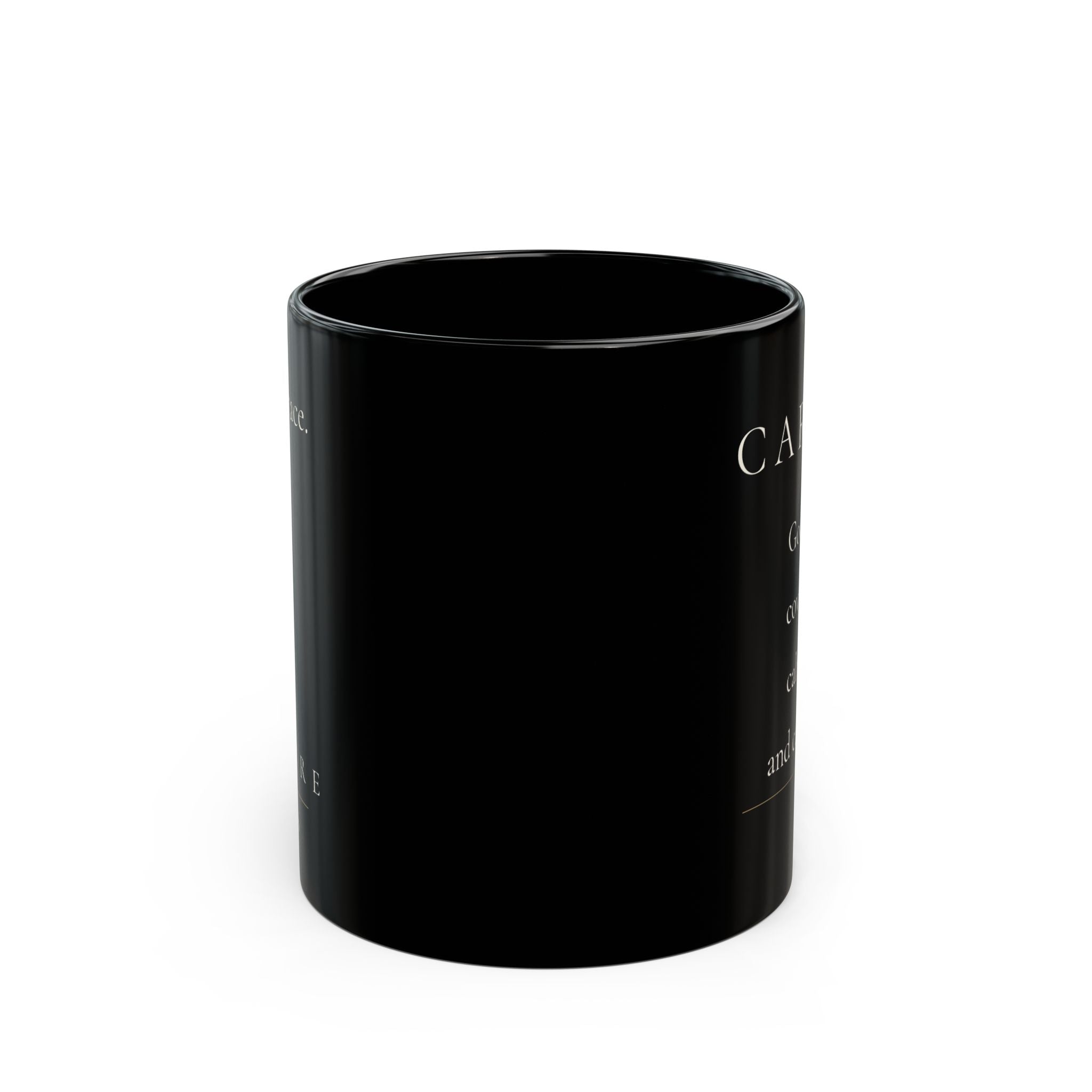 Carried Grace Collection black ceramic mug side view showing partial affirmation