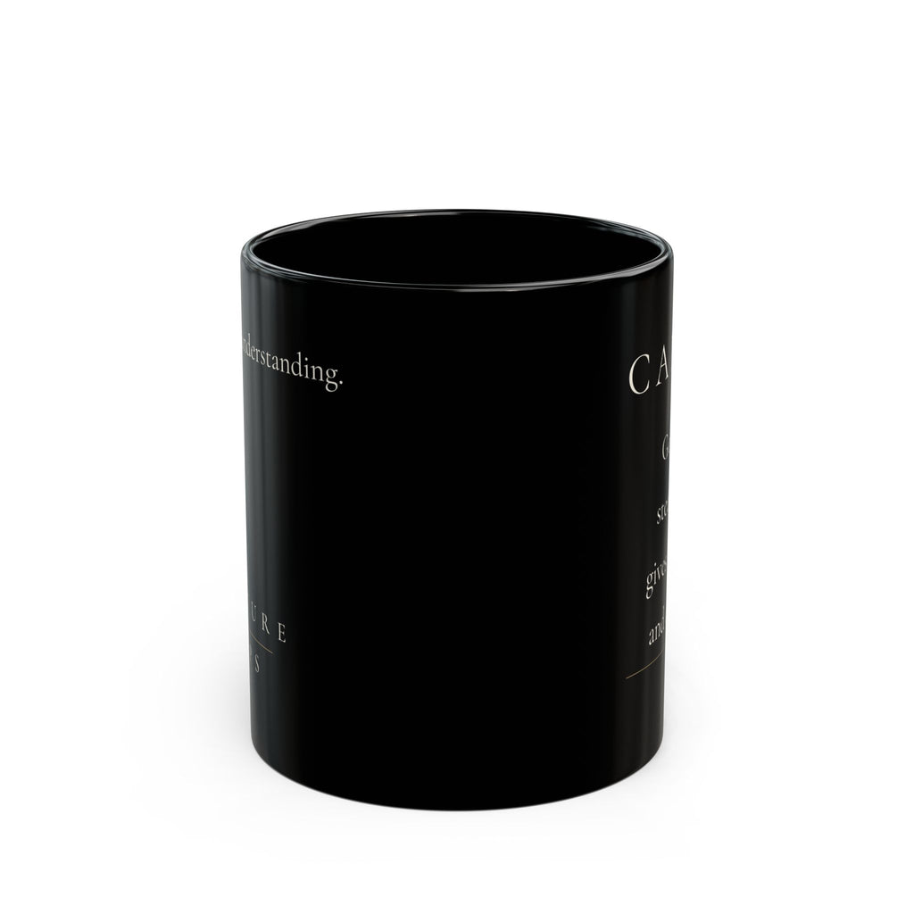 Calmed Grace Collection black ceramic mug side view showing partial affirmation