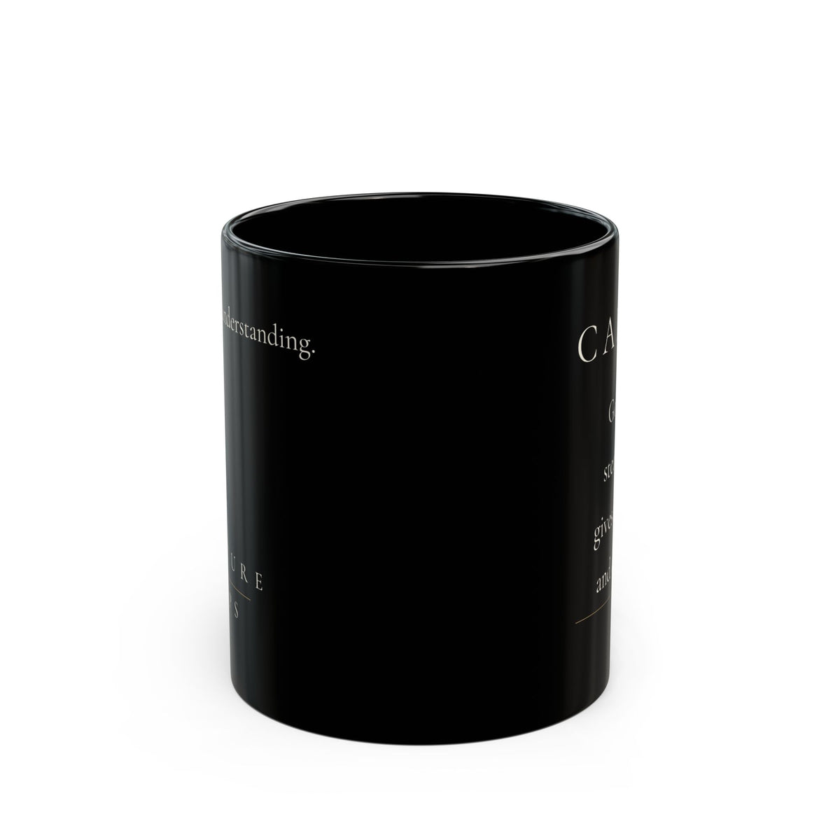 Calmed Grace Collection black ceramic mug side view showing partial affirmation