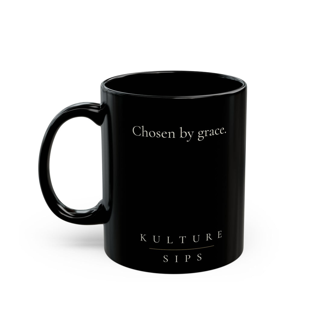 Called Grace Collection black ceramic mug with “Chosen by grace” message and Kulture Sips branding