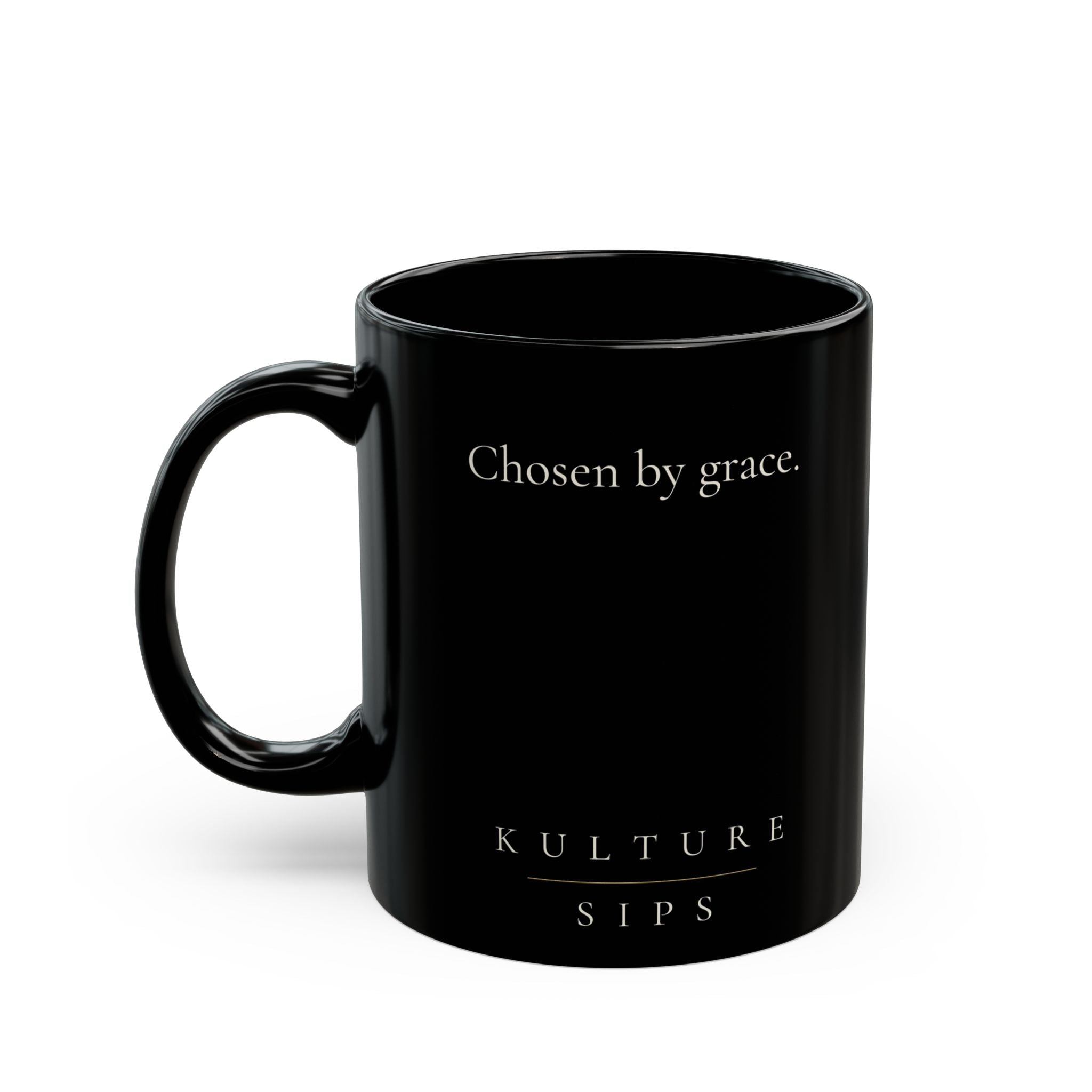 Called Grace Collection black ceramic mug with “Chosen by grace” message and Kulture Sips branding