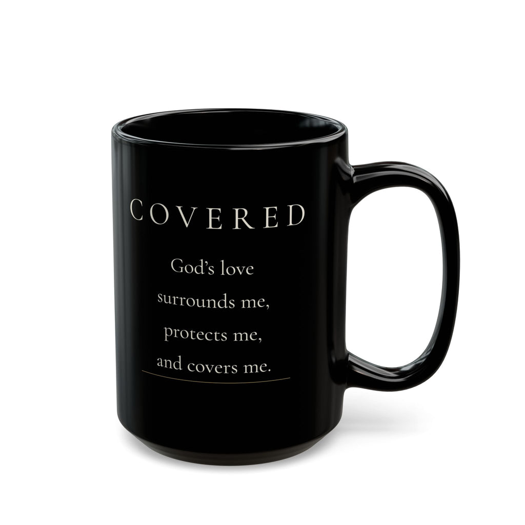 Covered Grace Collection black ceramic mug with front affirmation and handle on right