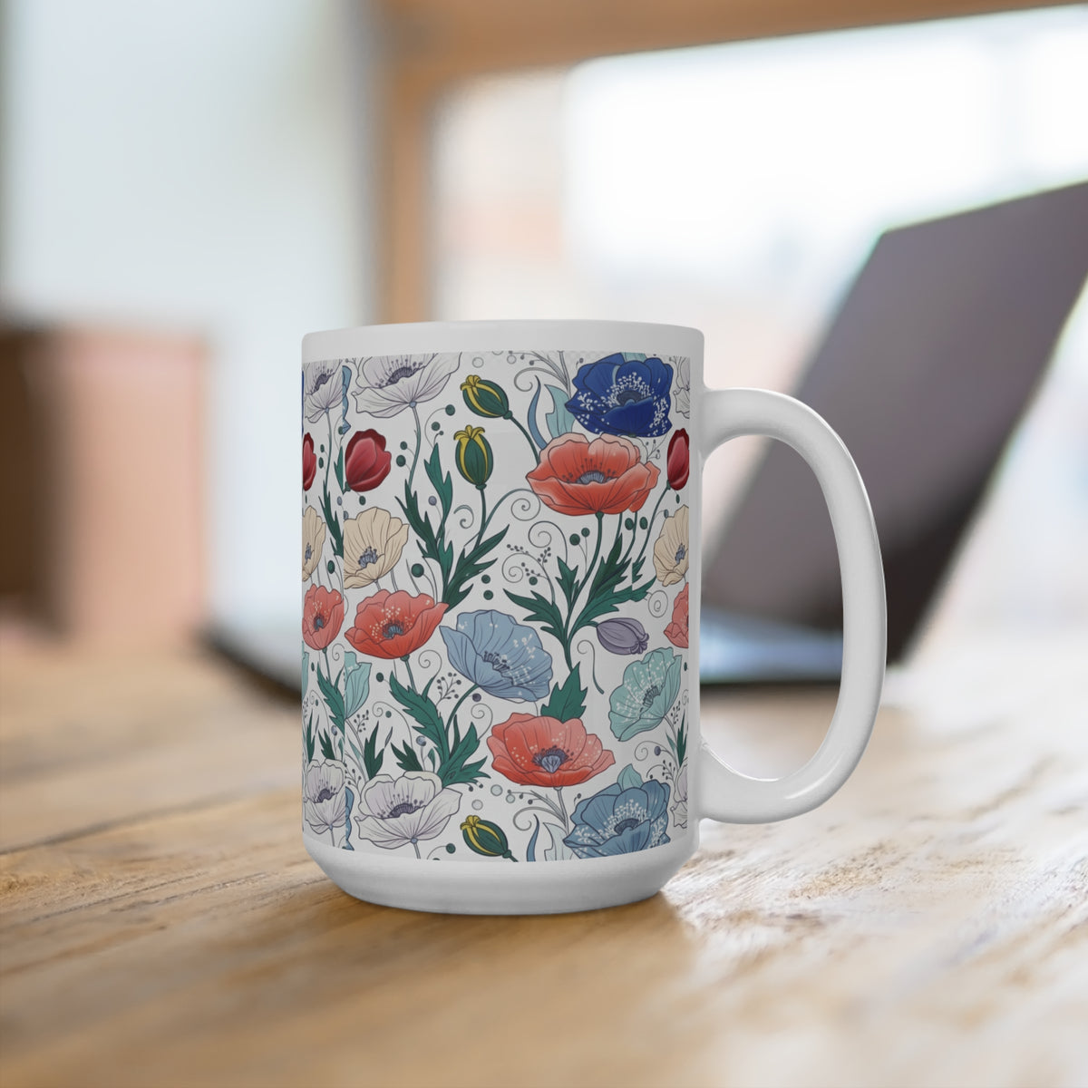Vintage Poppy Floral Mug | Blue Coral Botanical Mug