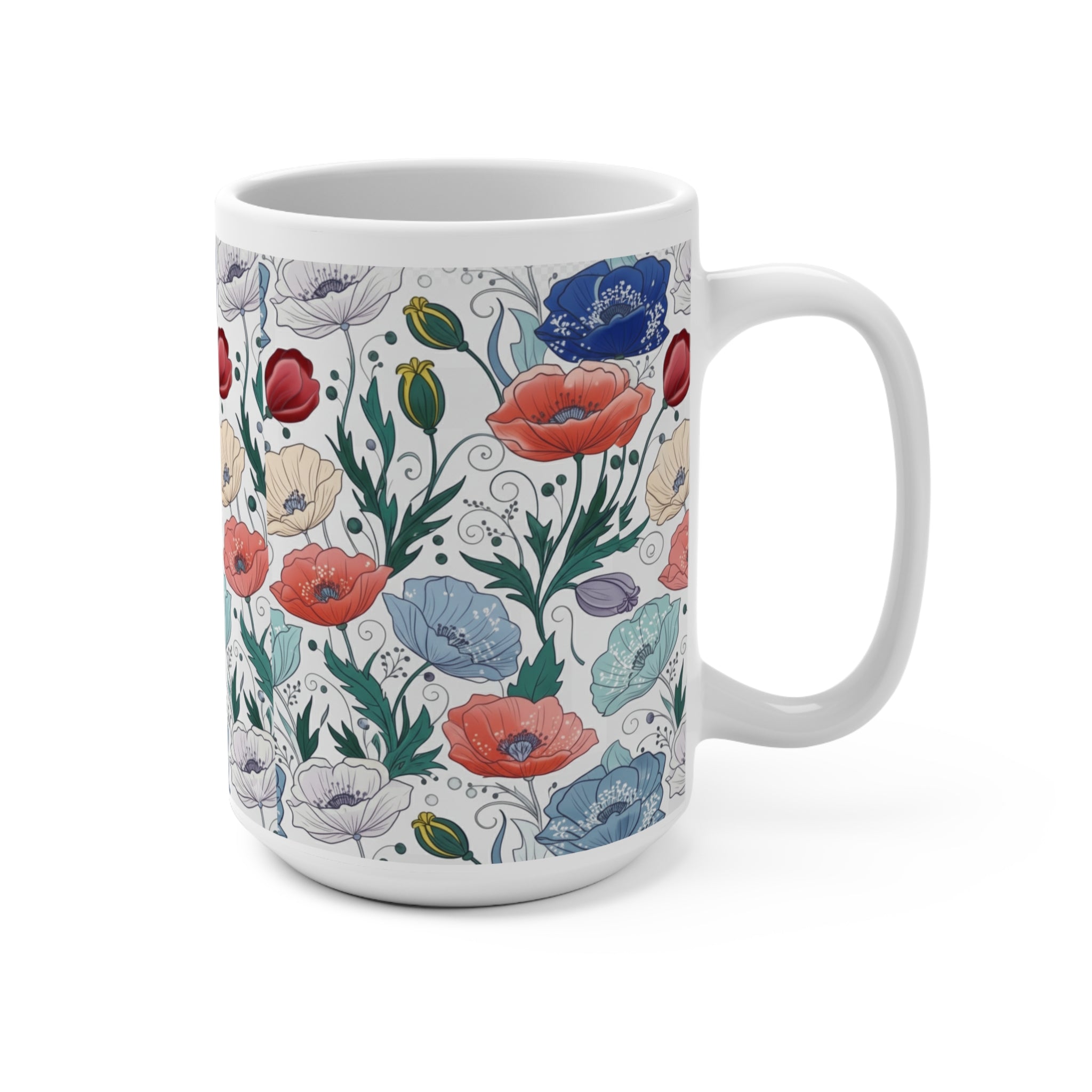 Vintage Poppy Floral Mug | Blue Coral Botanical Mug