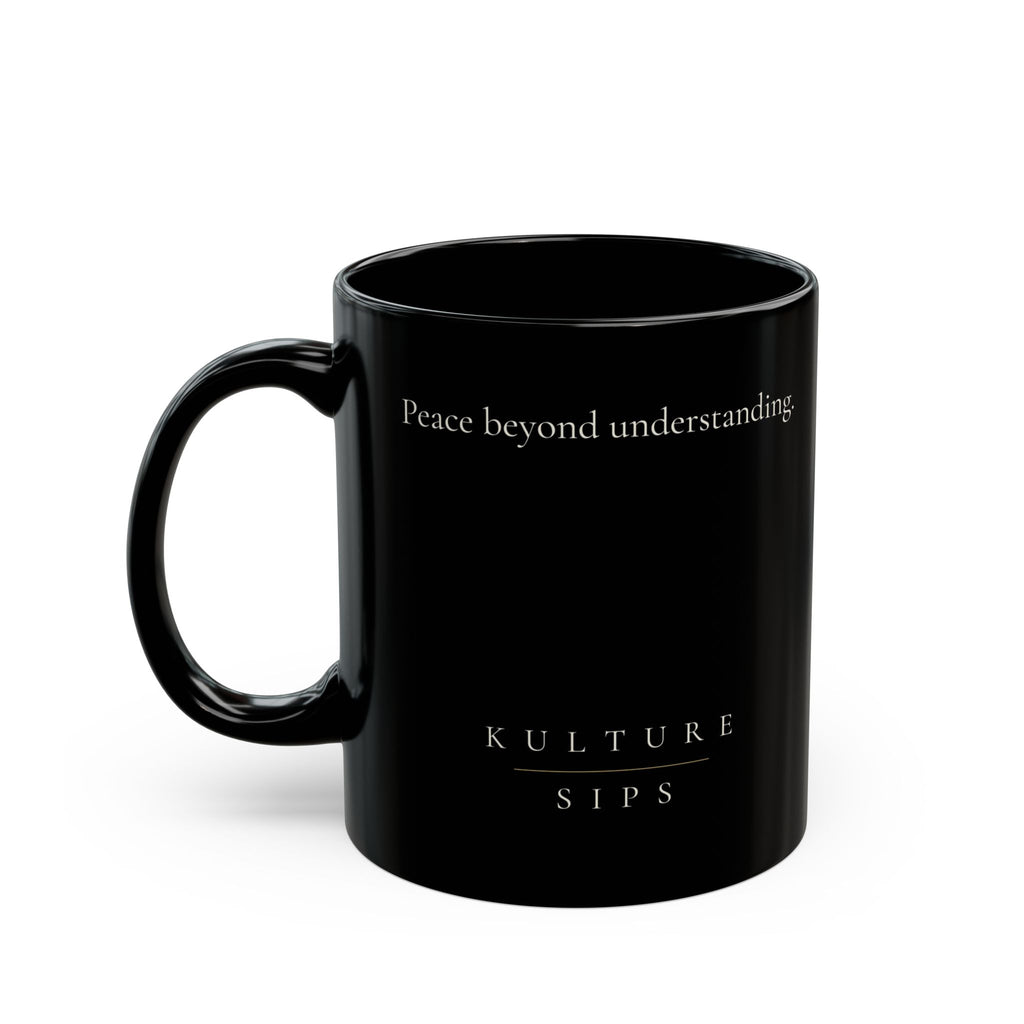 Calmed Grace Collection black ceramic mug with “Peace beyond understanding” message and Kulture Sips branding