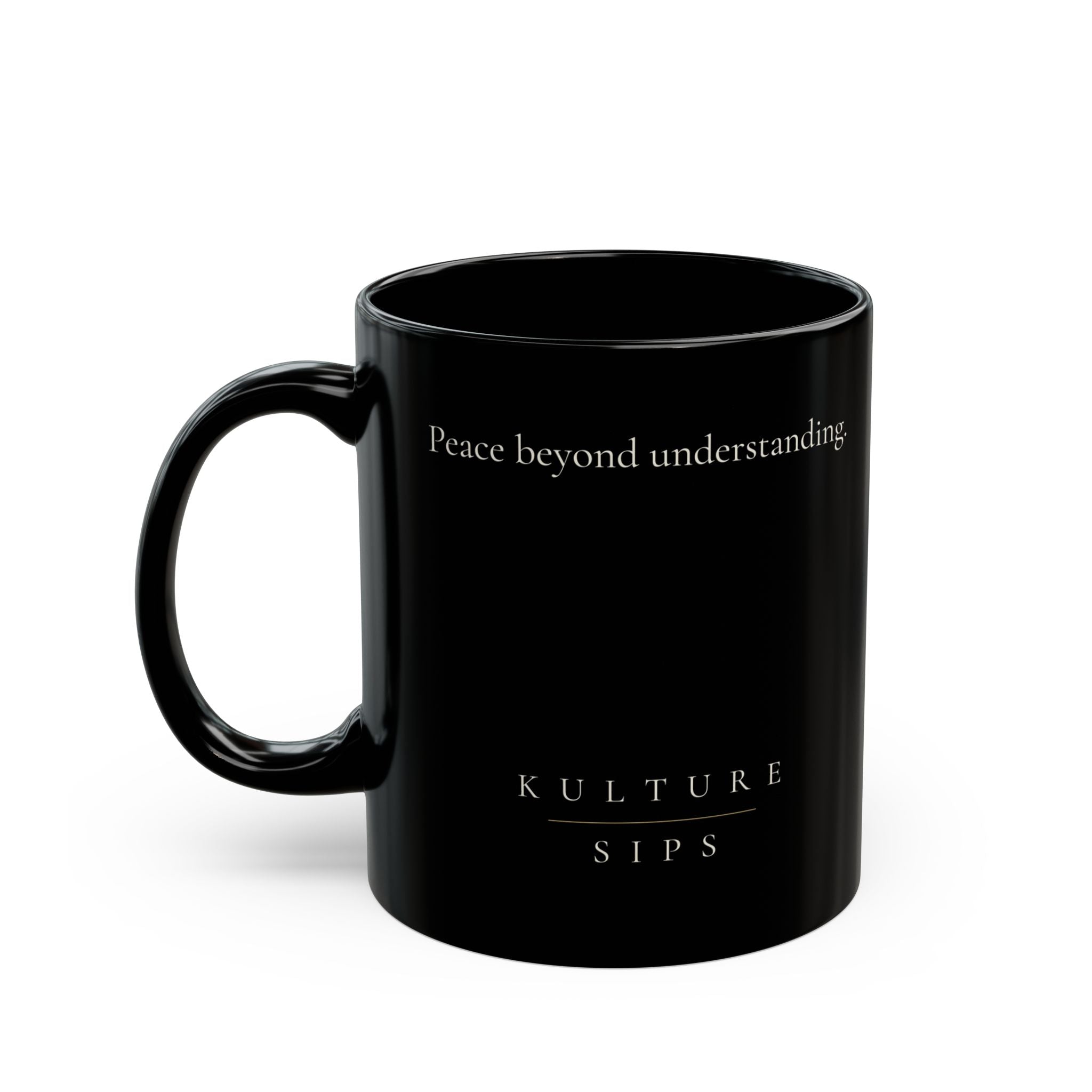 Calmed Grace Collection black ceramic mug with “Peace beyond understanding” message and Kulture Sips branding