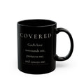 Covered Grace Collection black ceramic mug with front affirmation and handle on right