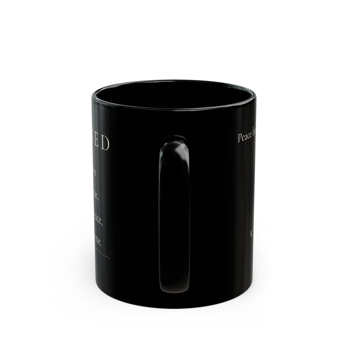 Calmed Grace Collection black ceramic mug back view with handle centered