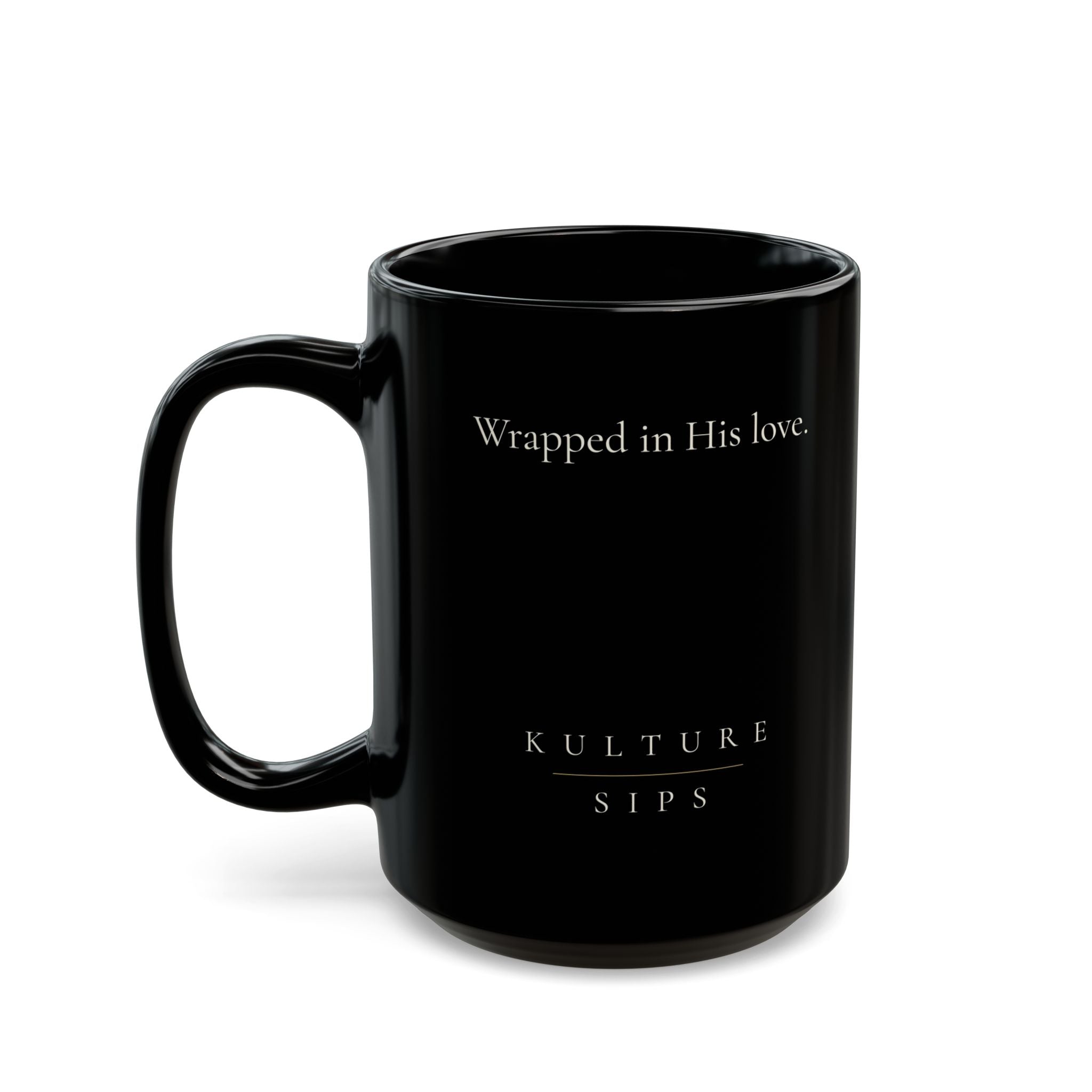 Covered Grace Collection black ceramic mug with “Wrapped in His love” message and Kulture Sips branding