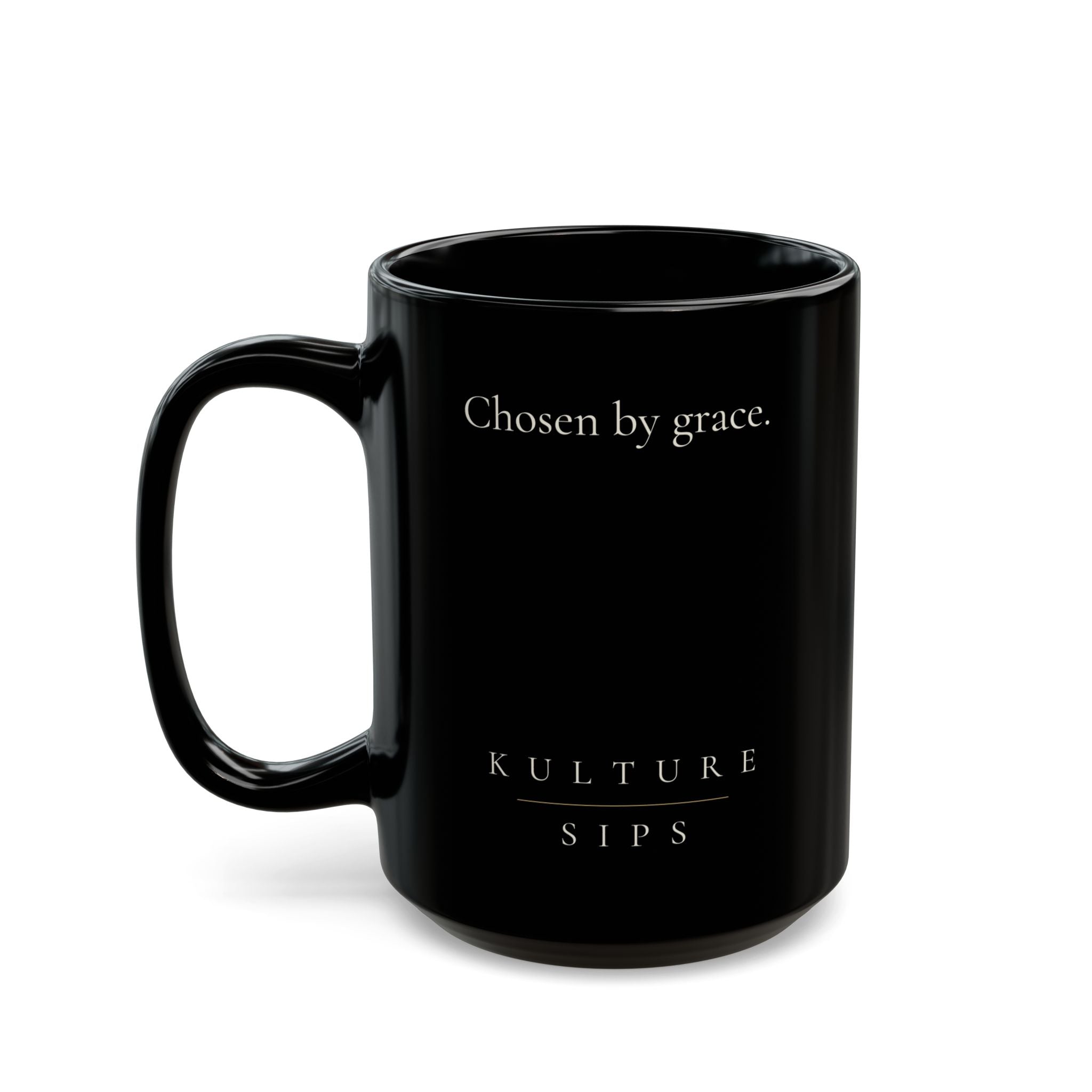 Called Grace Collection black ceramic mug with “Chosen by grace” message and Kulture Sips branding